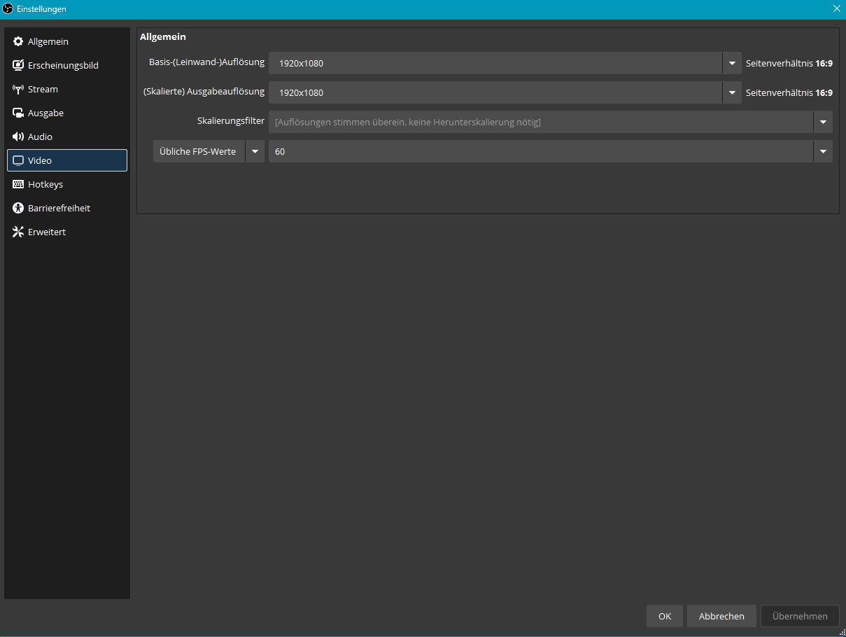 OBS Studio Video Settings – 1920x1080, 60 FPS, Lanczos Downscale Filter