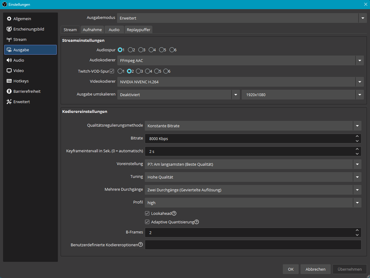 OBS Studio Output Settings – NVENC Encoder, 8000 kbps CBR, High Quality Preset