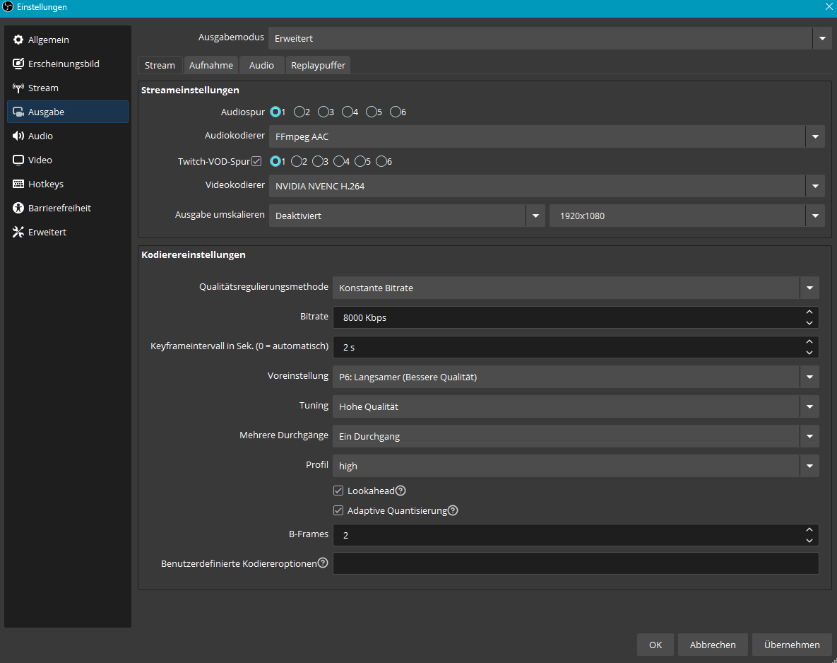 OBS Studio Output Settings – NVENC Encoder, 8000 kbps CBR, P6 Preset, Hohe Qualität
